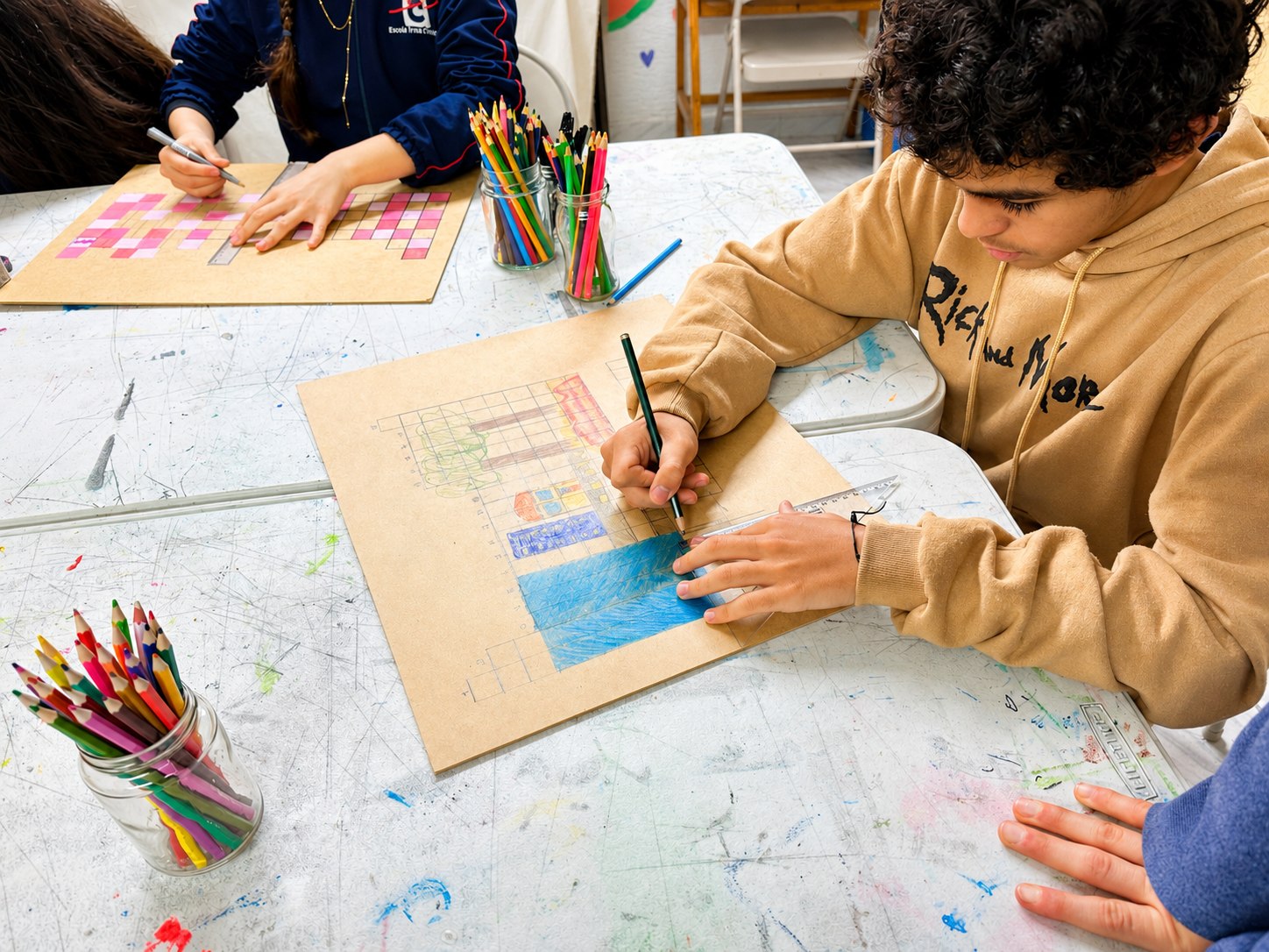 Aluno desenhando com lápis colorido