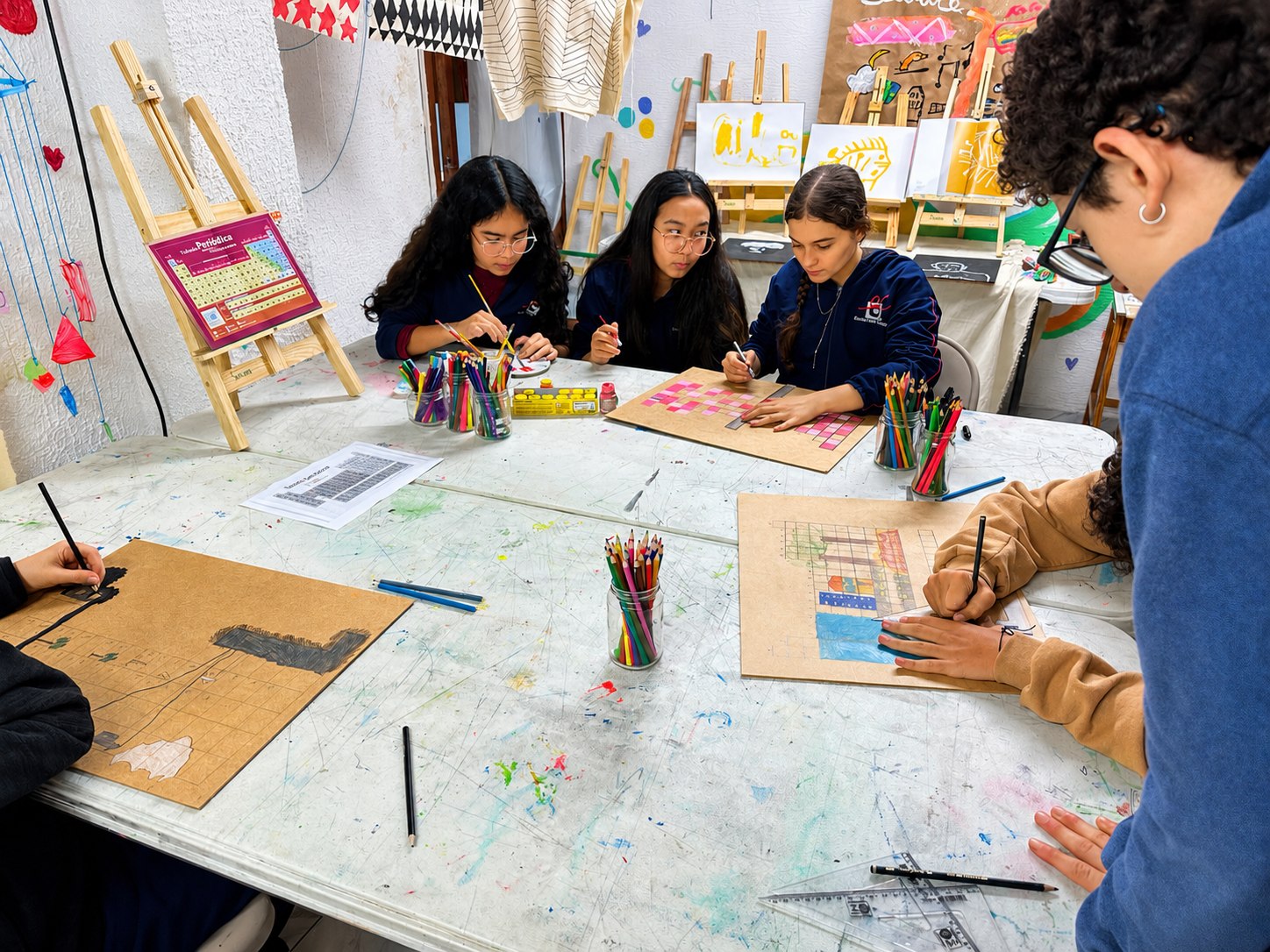 Alunos trabalhando na sala de artes