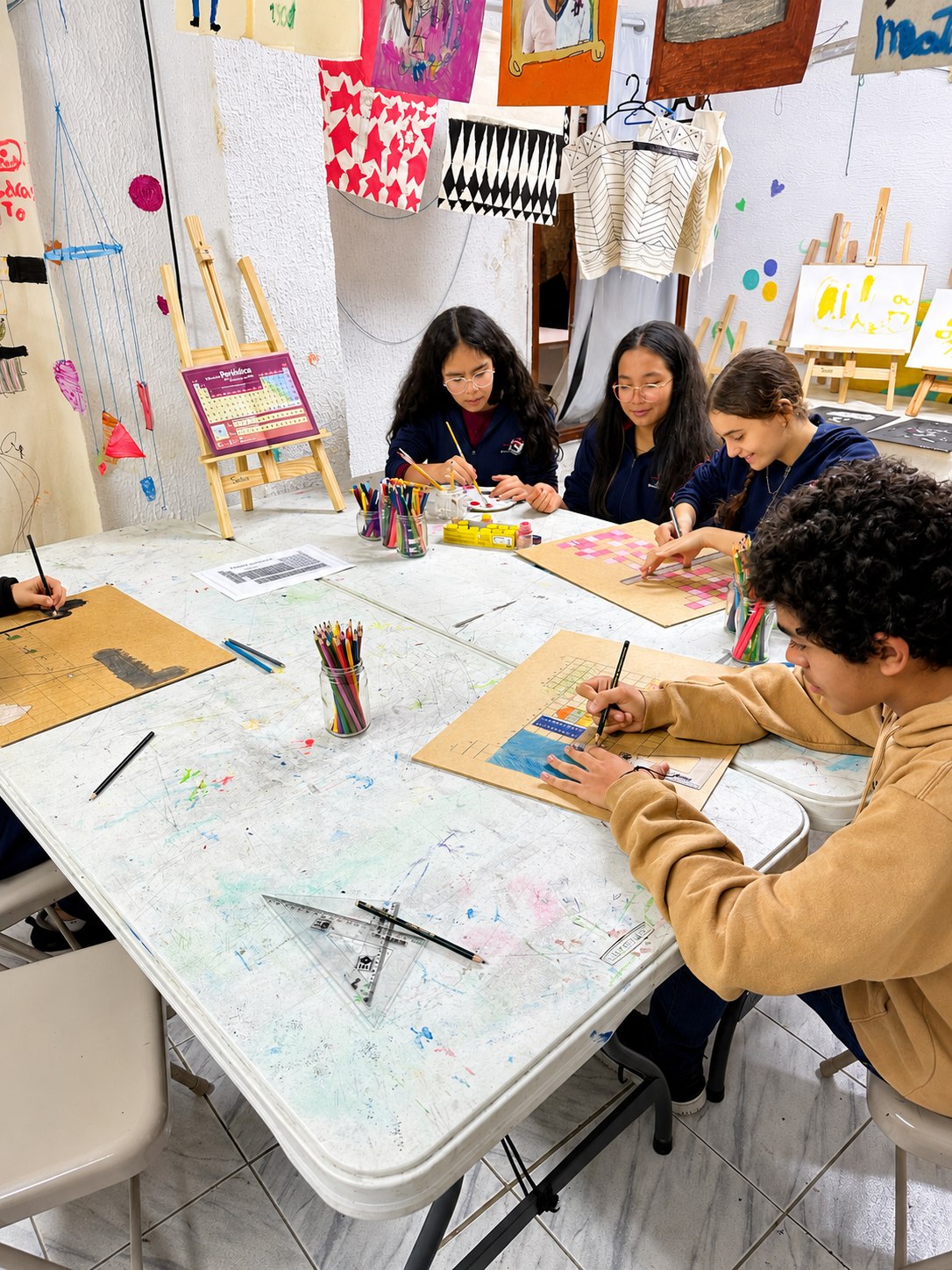 Alunos em atividade de desenho e pintura